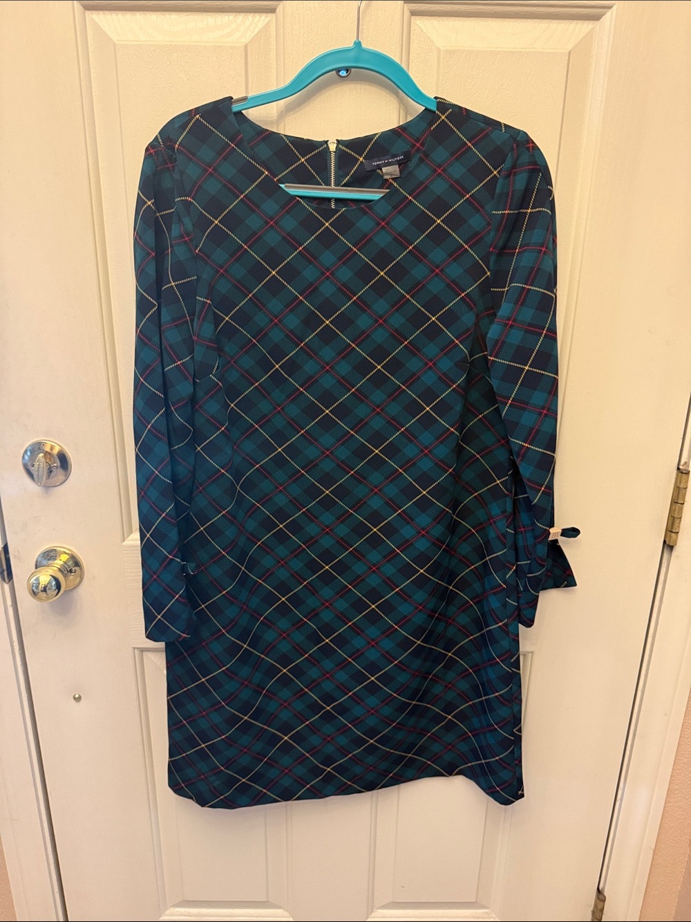 Tommy Hilfiger Plaid Green Shift Dress with Sleeve Ties
